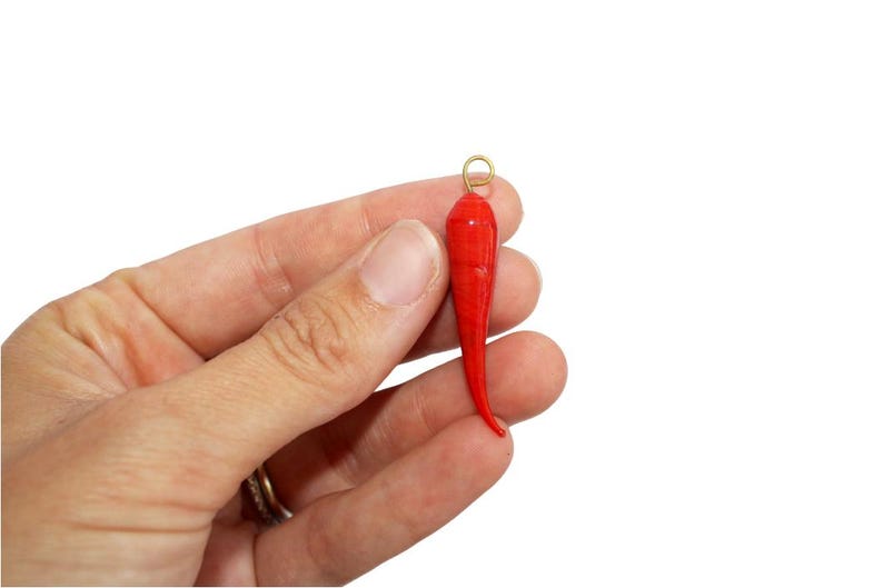 May include: A red chili pepper charm with a gold loop at the top. The charm is about 2 inches long.