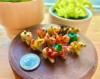 Set of 12- Tiny Wooden Animal Figurines- Hand carved & painted 0.25” animals~ perfect for fairy garden, dollhouse, collectible etc.