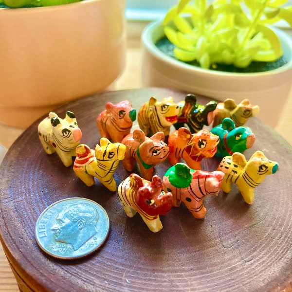 Set of 12- Tiny Wooden Animal Figurines- Hand carved & painted 0.25” animals~ perfect for fairy garden, dollhouse, collectible etc.