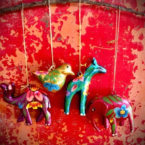 Boho Animal Ornaments~ Sparkly Metallic Flower-Embellished Animal Ornaments from India