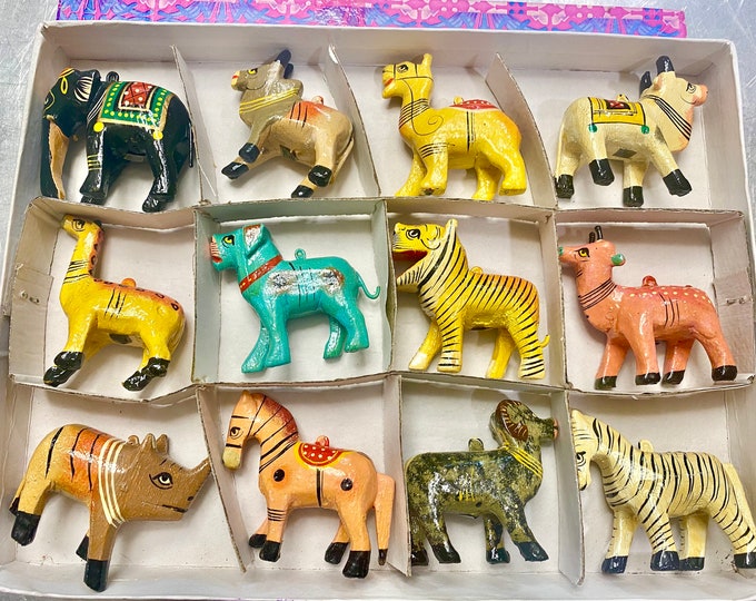 Set of 12- Wooden Animal Figurines- Hand carved & painted animals ornaments~ fairy garden, dollhouse, ornaments etc. 0.5", 1", 2", or 2.5"