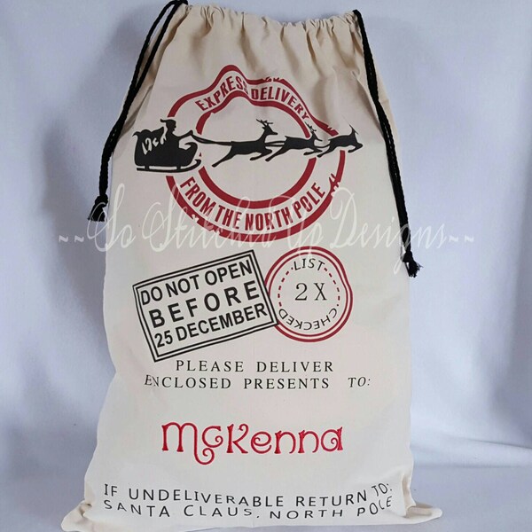 Large Santa sacks for gifts-  Santa Bags with EMBROIDERED Name- Personalized Bags- Great for larger gifts-  Ready to ship in one day!