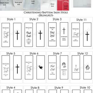 May include: Twelve different styles of white satin sashes for a christening or baptism. Each sash features a cross, dove, or other religious symbol. The sashes are available in two sizes: regular (10 cm wide) and small (7.5 cm wide).