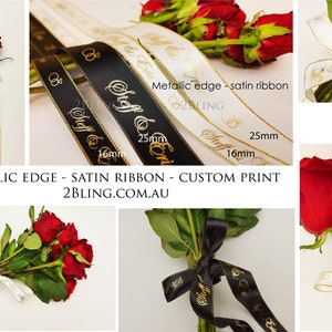 2m Custom Personalised Printed Metallic Edge Satin Ribbon, Wedding flower bouquet ribbon, DIY wedding invitation ribbon Made in AUSTRALIA