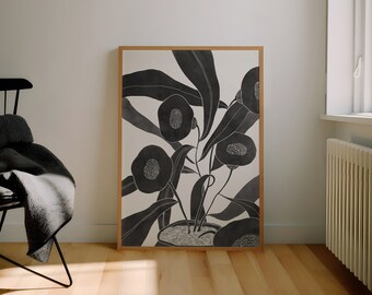 Druckbare florale Wandkunst, moderner Druck, monochrome Kunst, Blumenposter, Dekorillustration, schwarz-weiße Farbe