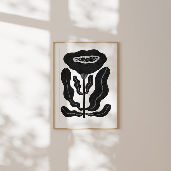 Cartel de flor en negro imprimible, arte botánico abstracto, ilustración botánica inspirada en Matisse, flores boho, arte de pared japonés