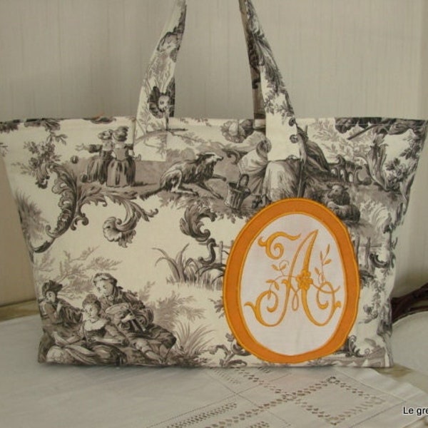 Sac toile de jouy marron avec monogramme **A** brodé  en médaillon