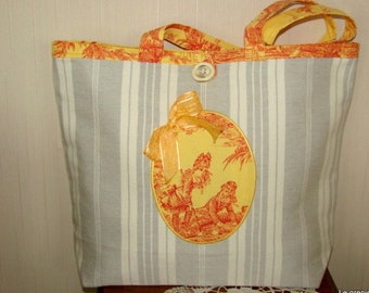 Sac , toile de Jouy  et coutil ancien (toile a matelas) jaune pâle