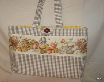 Sac Cabas toile vichy et tissu impression motifs **Jardinage**