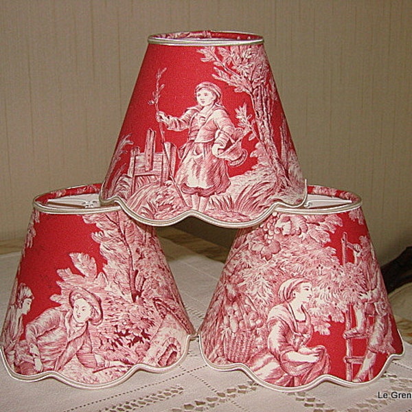 LOT de 3 Abat-jour festonnés toile de Jouy ** Scène champêtre ** rouge (à pince 13cm)