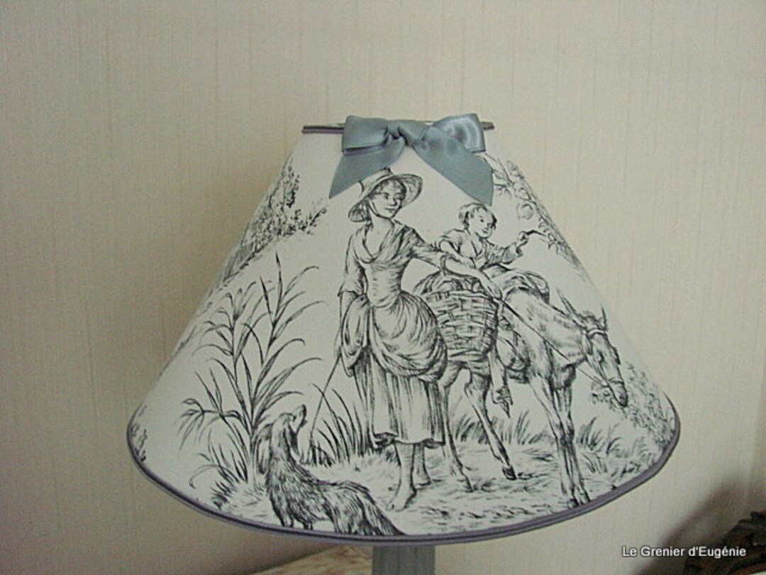 Abat-jour toile de Jouy ancienne noire et blanche scènes champêtres