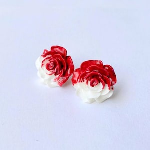 Alice in Wonderland Handmade Stud Earrings Halloween Cute Earrings Whimsical White Red Roses Red Queen Painted Roses