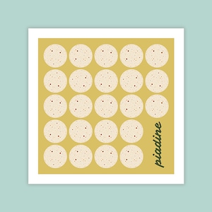 May include: A yellow background with a grid of 25 white circles with brown dots. The word "piadine" is written in green at the bottom right corner.
