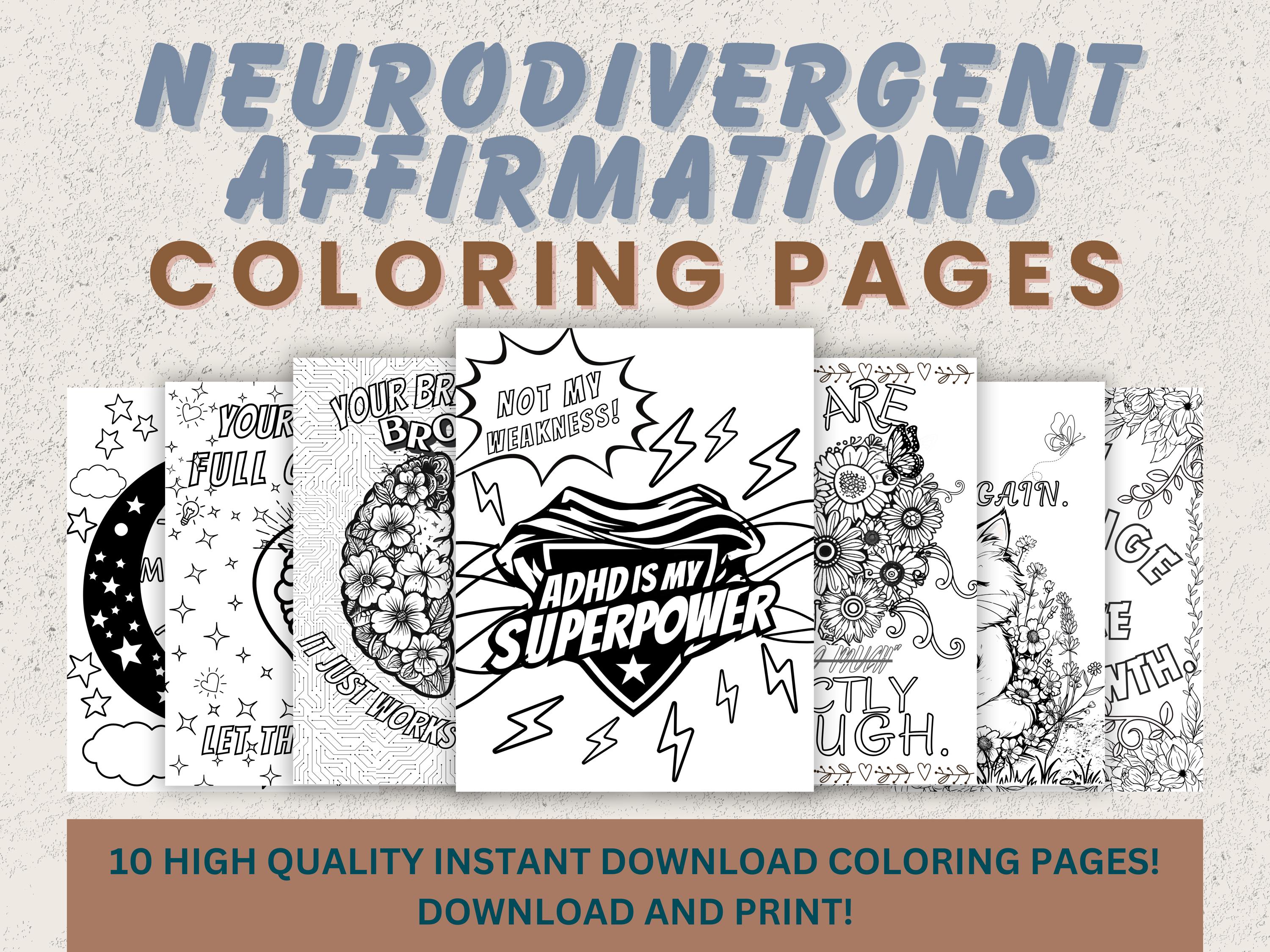 ADHD Affirmation Coloring Pages: Neurodivergent Mental Health (PDF) - Etsy