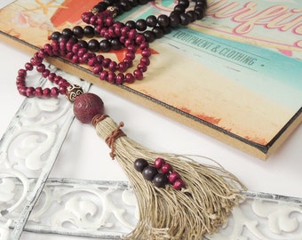 Long necklace - wooden bead necklace - tassel - bead necklace - purple/pink/brown