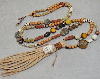 Long necklace-Buddha-Rudraksha beads-Jade-agate-wooden beads-coconut-bohemian glass beads-leather tassel-