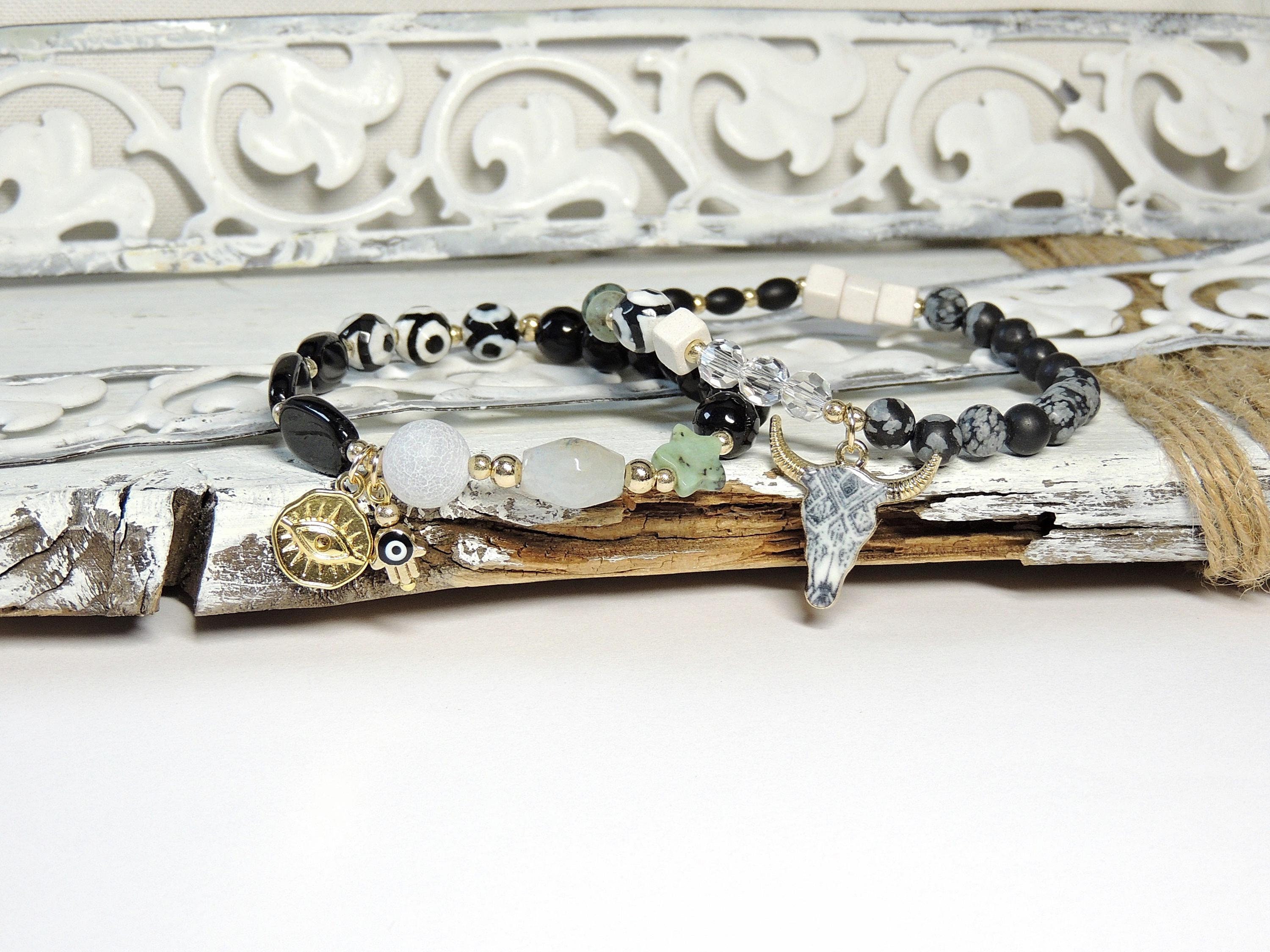 2-piece bracelet - snowflake obsidian - agate - turquoise - ceramic - glass - black agate - bull - Hamsa hand - elastic/flexible