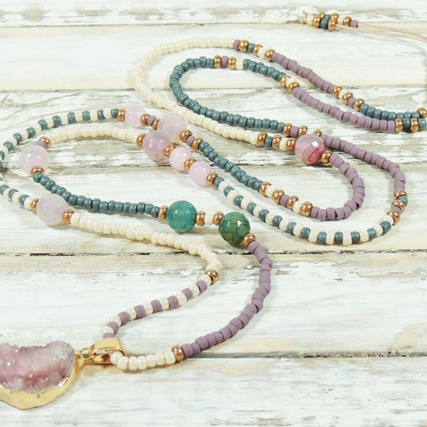 Long chain-agate-quartz strangles-seed beads-