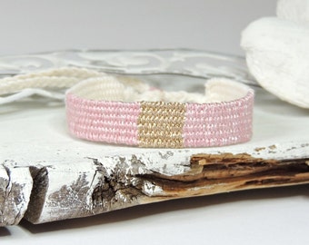 Armband - gewebt - Leinen - Seide - Metallic Garn - natur/altrosa/rose - Schiebeknoten