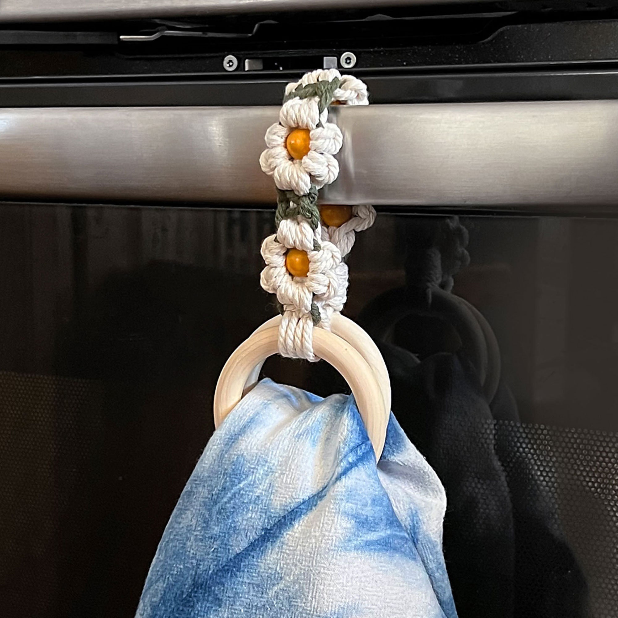 Daisy Chain Macrame Towel Hanger, Sweet and Cheery Kitchen Decor, Keep towels from falling to floor, Gift for Mom, Gardener and Flower Lover