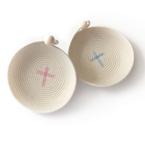 Prayer Bowl - Soft natural cotton rope dish _ Embellished with Pink or Blue Thread Painted Cross - Won't scratch surfaces - Reminder to pray