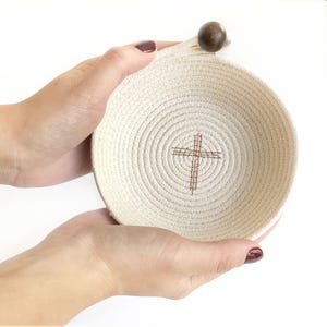 Thread-Painted Cross Prayer Bowl: Soft Cotton Rope Religious Gift image 1