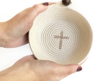 Prayer Bowl, Gift for Friend, Soft natural cotton rope dish, Embellished with Thread Painted Cross,  Gentle reminder to pray