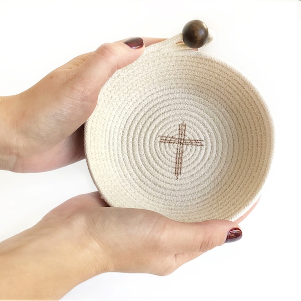 Prayer Bowl, Gift for Friend, Soft natural cotton rope dish, Embellished with Thread Painted Cross,  Gentle reminder to pray