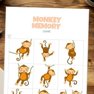 May include: A printable monkey memory game with nine cards featuring different monkey poses. The cards are arranged in a 3x3 grid. The title of the game is "Monkey Memory Game".