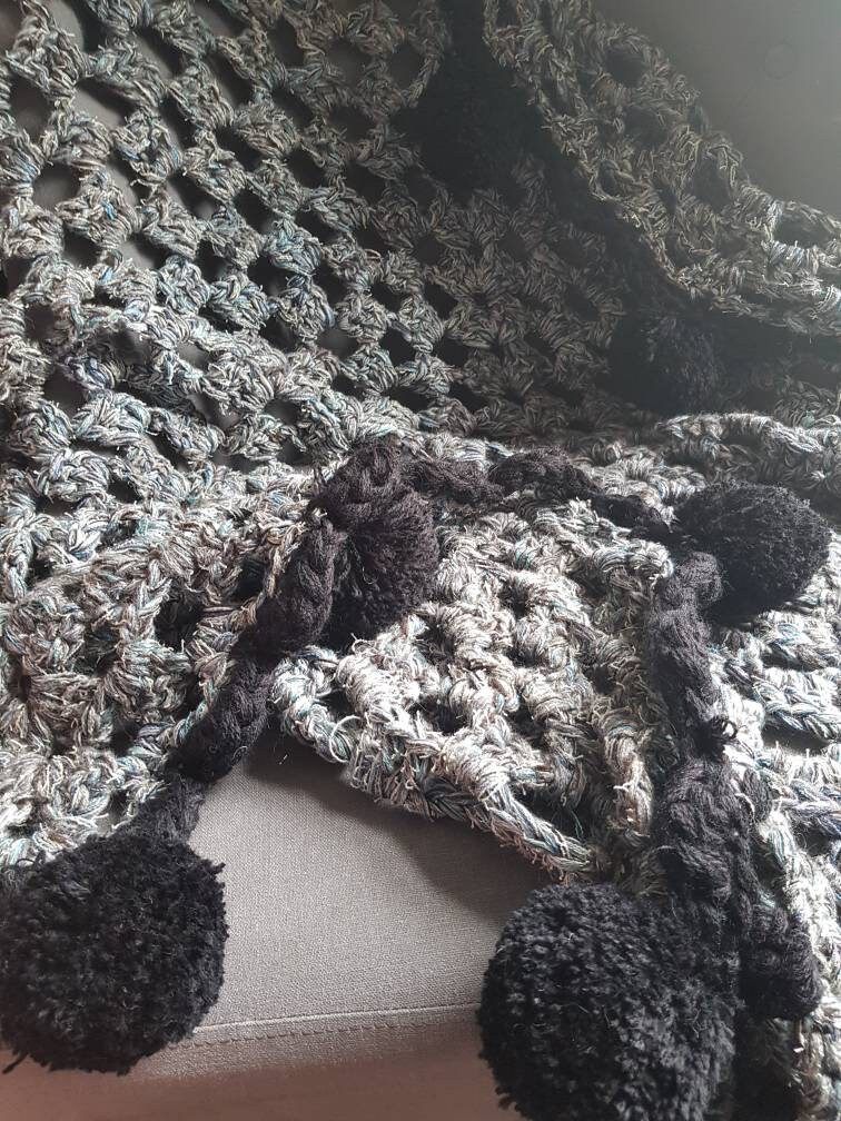 Grey granny square blanket with large black pompoms Etsy