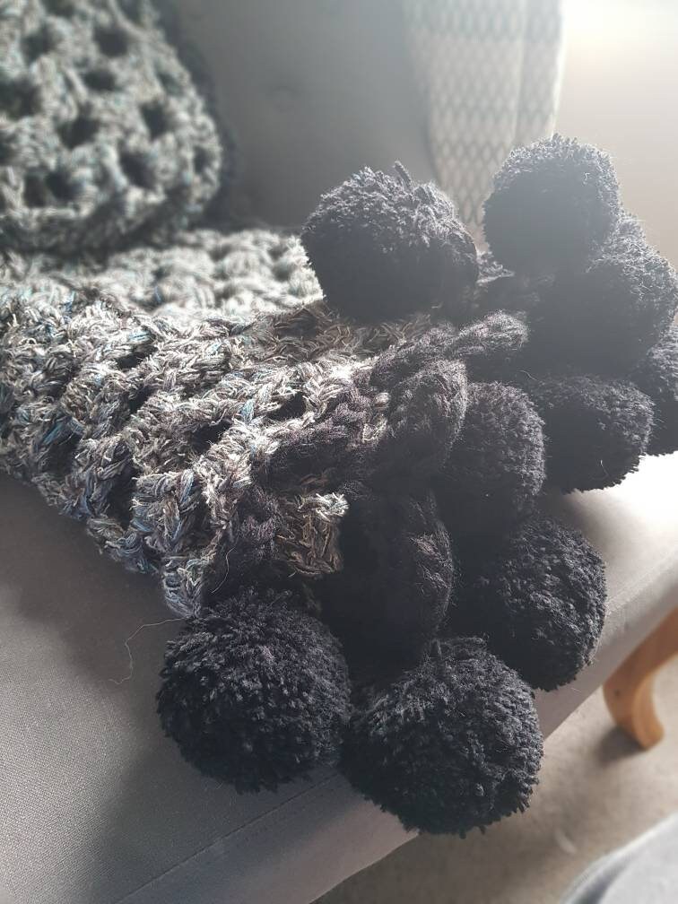 Grey granny square blanket with large black pompoms Etsy