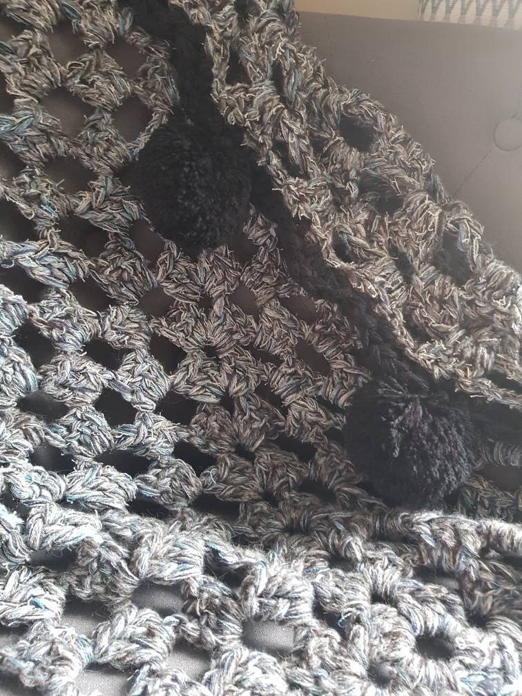 Grey granny square blanket with large black pompoms Etsy