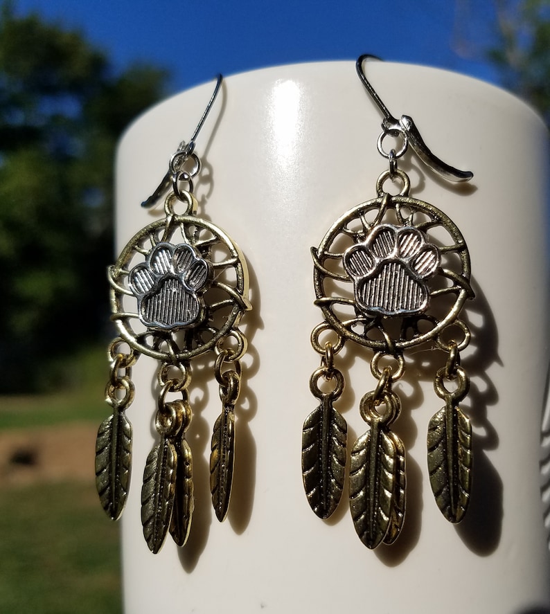 southwestern western fashion feather charms gypsy cowgirl Boho desert vibes dog lover Paw Print Dreamcatcher two toned Earrings