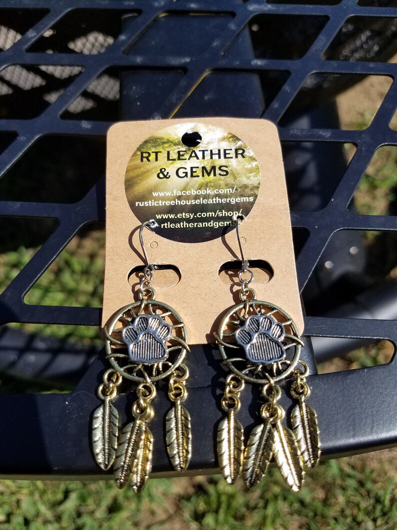 southwestern western fashion feather charms gypsy cowgirl Boho desert vibes dog lover Paw Print Dreamcatcher two toned Earrings