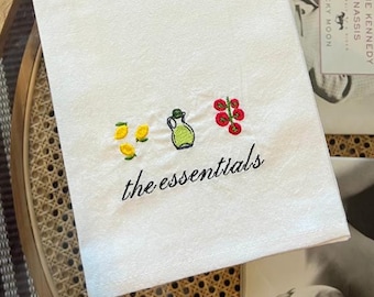 Italian Essentials Tea Towel, Embroidered Cotton Kitchen Towel, Lemons Olive Oil EVOO Tomatoes Design, Gift for Home Cooks and Food Lovers