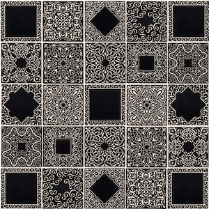 Ceramic tiles, black wall tiles, set of 25 tiles, hand made tiles with ornaments, tiles for kitchen, tiles for bathroom, tiles 10cm.
