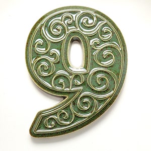 House number, digit 9, green-brown, ceramic , decorative, address numbers, handmade, height 17,5cm.