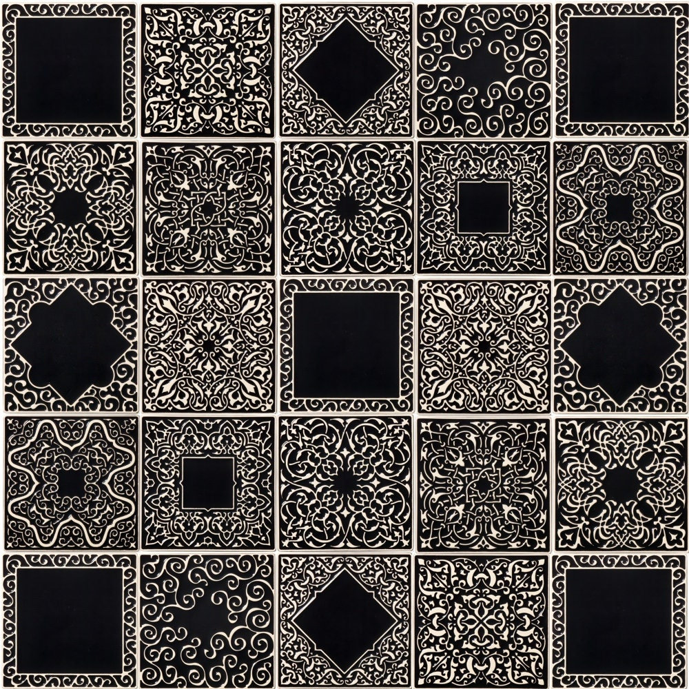 Ceramic tiles, black wall tiles, set of 25 tiles, hand made tiles with ornaments, tiles for kitchen, tiles for bathroom, tiles 10cm.