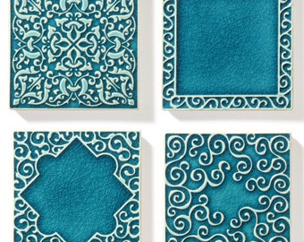 4 tiles with ornaments, turquoise No.1