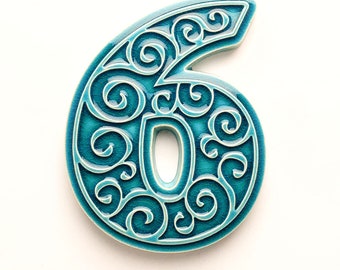 ceramic house number 6, turquoise