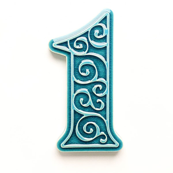 ceramic house number 1, turquoise,