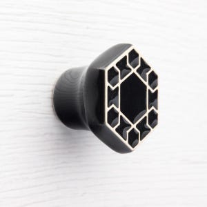 Puede incluir: Un pendiente negro con un diseño geométrico. La parte delantera del pendiente presenta un hexágono negro con un patrón geométrico blanco. El pendiente está hecho de un material brillante y está sobre un fondo blanco.