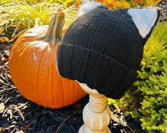 Knitted Black Cat Ear Beanie, Photo Prop Costume, Kitten Baby Kids Adult Hat