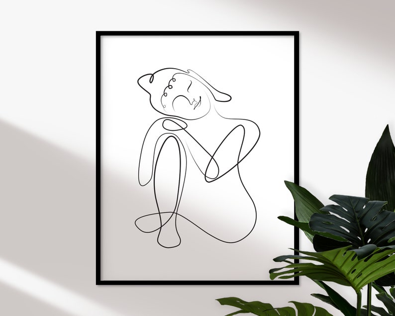 May include: A black and white line drawing of a person sitting with their head resting on their hand. The drawing is in a simple, minimalist style.