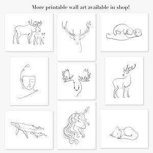 May include: A set of nine printable wall art designs featuring minimalist line drawings of animals, including a moose, deer, otter, whale, unicorn, and fox. The designs are perfect for adding a touch of nature to any room.