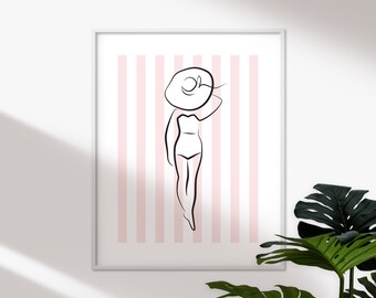 IMPRIMABLE Minimal Line Art Woman, Sunbathing Girl Print, Décor d’été pour la maison, Art mural rose pour la chambre, Côtier, Cadeau d’amoureux de la plage pour les femmes