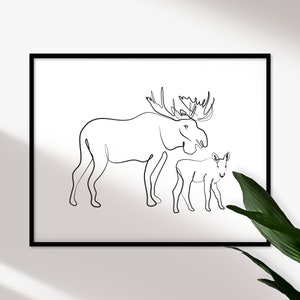 May include: A black and white line drawing of a moose and a calf. The moose is standing with its head turned to the side, looking at the calf. The calf is standing next to the moose, looking up at it.