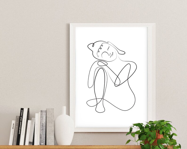 May include: A black and white line drawing of a person sitting with their head tilted back and eyes closed. The drawing is in a simple, minimalist style.