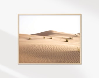 May include: A photograph of a desert landscape with rolling sand dunes and sparse vegetation. The sand is a light brown color and the sky is a pale blue.