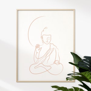 Puede incluir: Un dibujo de l&iacute;nea de un Buda meditando en color rosa. El Buda est&aacute; sentado en posici&oacute;n de loto con una mano levantada en un gesto de bendici&oacute;n. El dibujo est&aacute; sobre un fondo blanco.